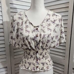 Cream and Purple V-neck Floral Smocked Blouse Top Size Small